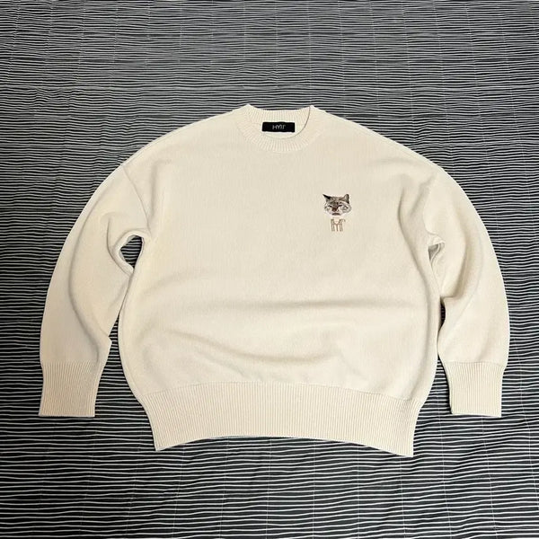 [BUNJANG] HIGHTO Unisex Embroidered Knit Sweater - Ivory / 하이투 [UNISEX] 하이키 자수 니트 스웨터 아이보리