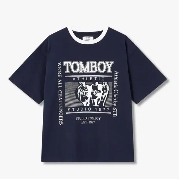 [BUNJANG] Studio Tomboy Navy Color-block Graphic T-Shirt / (스튜디오 톰보이) 네이비-UNI 립배색 그래픽 반팔 티셔츠