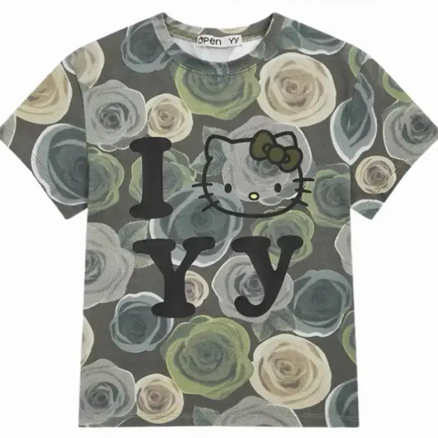[BUNJANG] Open The Milky Way Hello Kitty Floral Pattern T-Shirt Size 1 / 오픈와이와이 헬로키티 탑 1사이즈