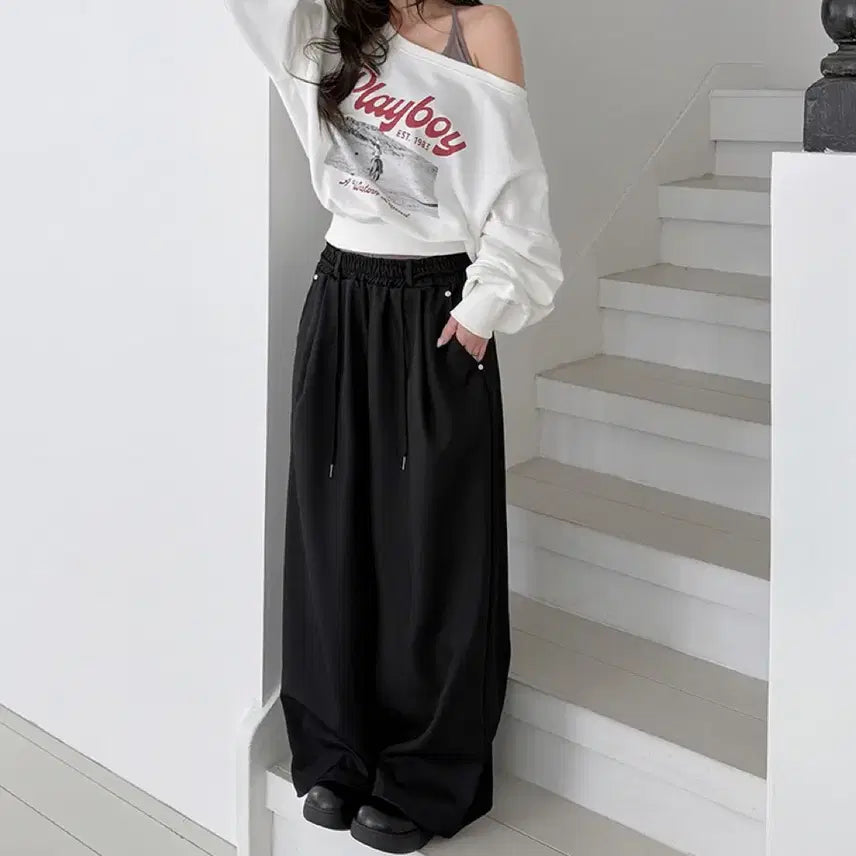 [BUNJANG] String Set Wide Banding Slacks Black / 스트링set 와이드 밴딩 슬랙스 블랙
