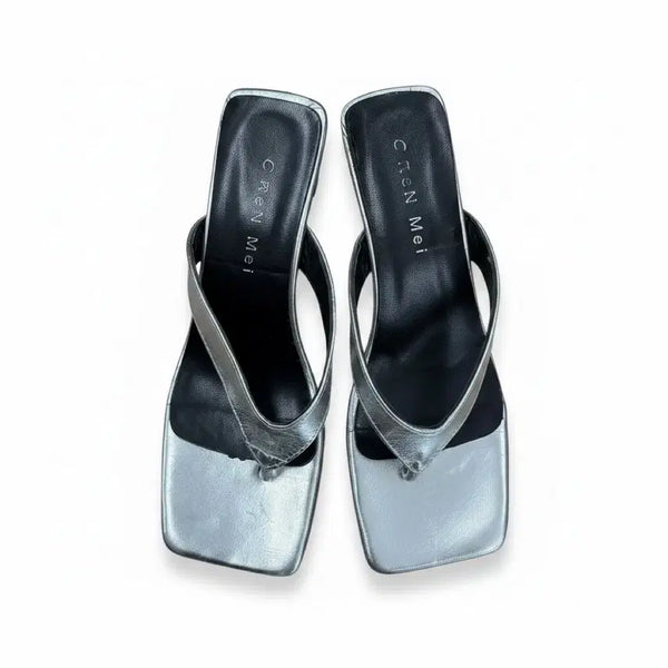 [BUNJANG] CREN Mei Women's Silver Thong Heel Sandals (Size 37) / 여성37/ CREN Mei 실버 쪼리 힐 샌들