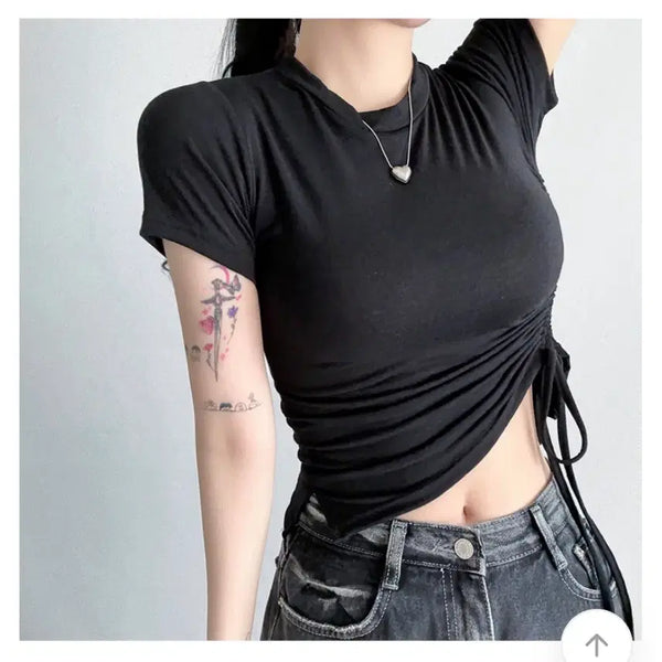 [BUNJANG] Black Shirring Short Sleeve T-Shirt / 블랙 셔링 반팔 티셔츠
