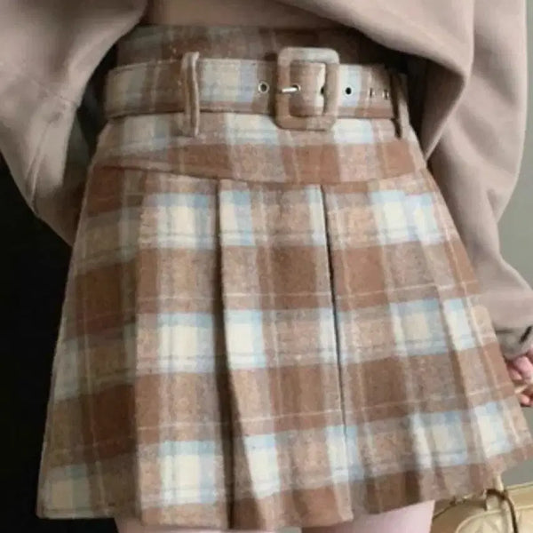 [BUNJANG] Brown Check Belted Pleated Mini Skirt / 체크 벨트 플리츠 미니스커트