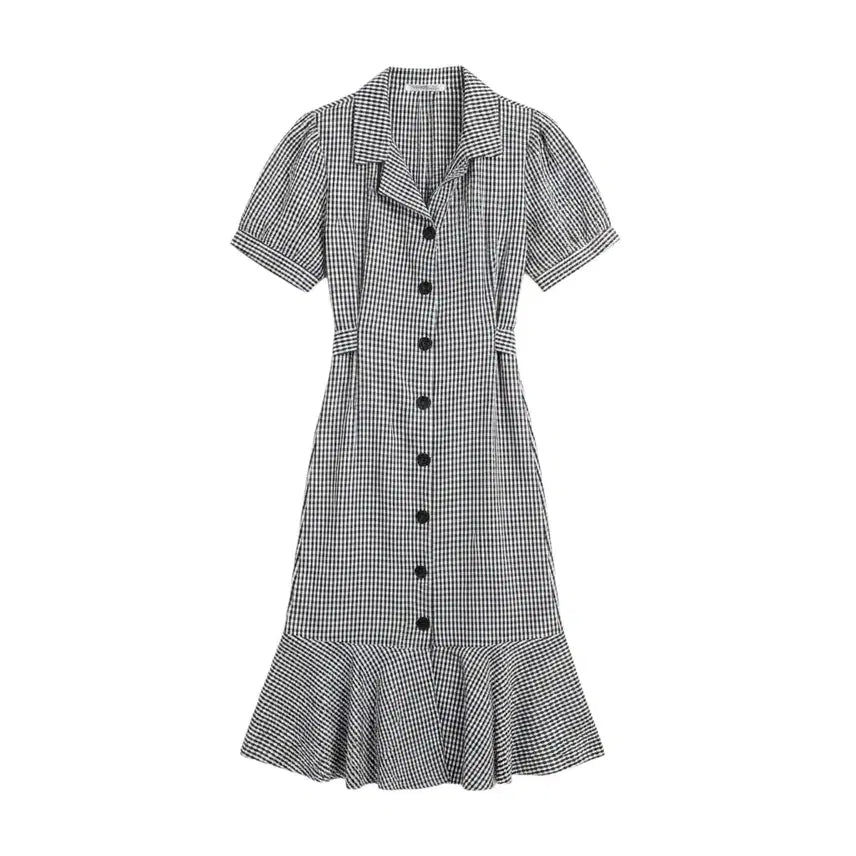 [BUNJANG] Women's Blue Lace Check Short-Sleeve Dress / 여성F / 블루레이스 체크 묶음 반팔원피스BK 12-35