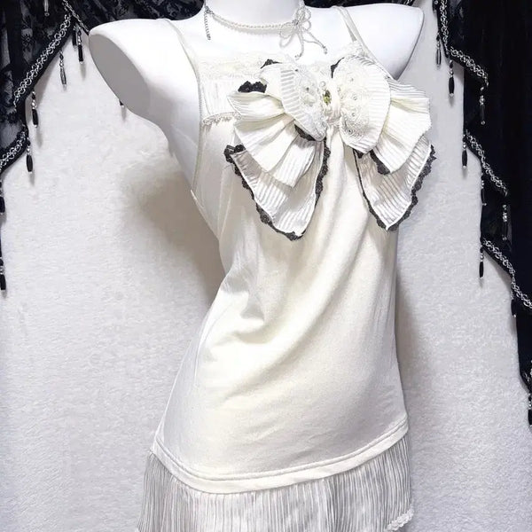 [BUNJANG] Axisfarm Ribbon Frill Lace Camisole Top / 엑시즈팜 왕리본 프릴레이스 로걀탑 슬리브리스 나시 라떼갸루 로맨틱 핀터