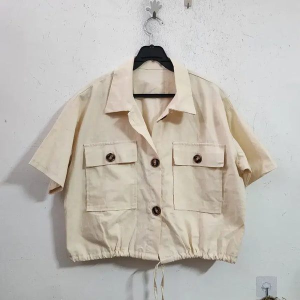 [BUNJANG] Ivory Short-Sleeve Cropped Field Jacket Shirt / 아이보리 반팔 크롭 야상 남방