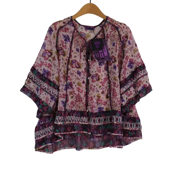 [BUNJANG] Anna Sui Burgundy Flower Chiffon Blouse Jacket Ruffle / ANNA SUI 버건디 플라워 쉬폰 블라우스 자켓 프릴 77 새상품