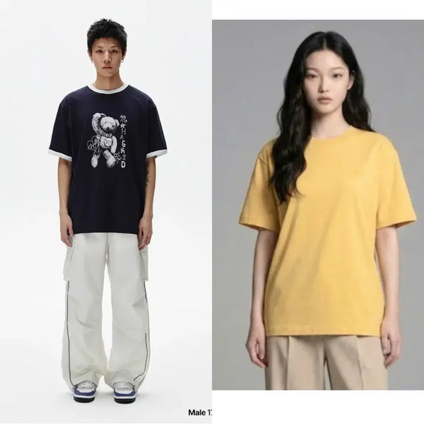 [BUNJANG] Mahagrid HELLO BEAR RINGER TEE NAVY & Liful Minimal Garments Plain T-Shirt Bundle Set / 마하그리드 반팔티+라이풀미니멀가먼츠 반팔티 2개