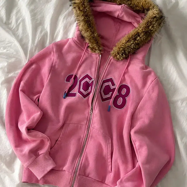[BUNJANG] 00s Y2K Pink Faux Fur Hooded Zip-Up Jacket / 유일매물!! 00s Y2K 퍼 후드 집업