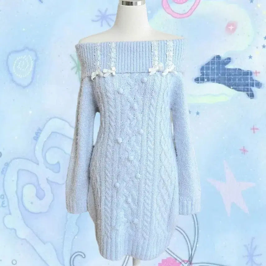 [BUNJANG] LIZLISA Classic Pom Pom Ribbon Open Shoulder Knit Dress / 고전 리즈리사 폼폼방울 오픈숄더 니트 원피스 헤이세이 히메갸루 라떼갸루 모리걸 양산형 엑시즈팜 트랄라라 깔 짜잔씨 달천깔 핀터깔