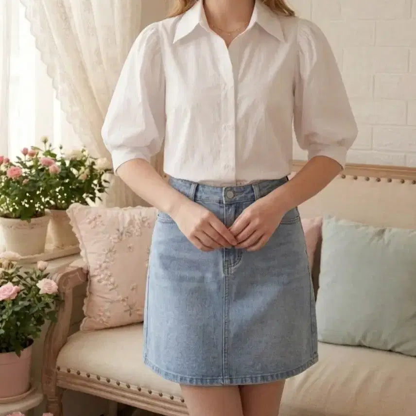 [BUNJANG] Puff Sleeve Short Sleeve Blouse / 퍼프 반팔 블라우스 (새옷)