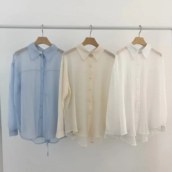 [BUNJANG] White See-through Back Slit Ribbon Shirt / 화이트 시스루 뒷트임 리본 셔츠 남방