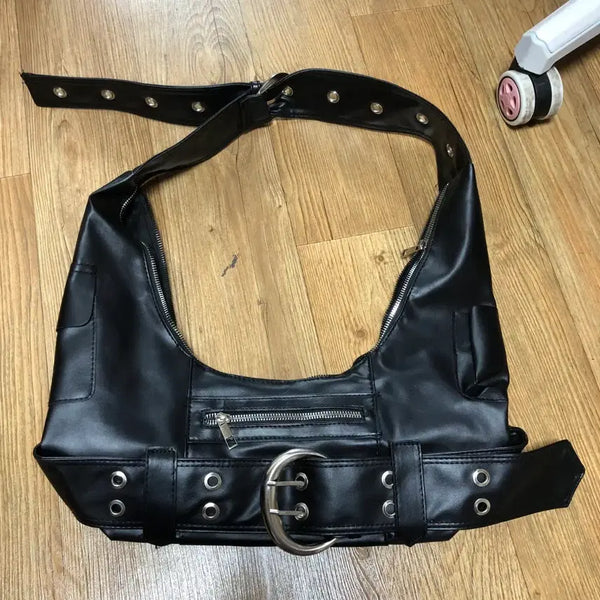 [BUNJANG] Y2K Black Leather Accent Shoulder Bag / y2k 블랙 레더 벨트 장식 숄더백