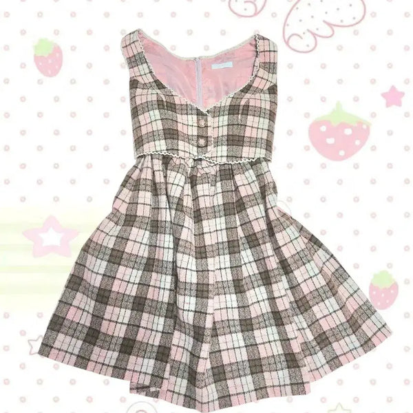 [BUNJANG] LIZLISA Strawberry Chocolate Check Dress (Heisei Era) / 초희귀 고전 리즈리사 딸초 원피스 딸기초코 헤이세이 라떼갸루 히메갸루 트랄라라 엑시즈팜 양산형 핀터깔 짜잔씨