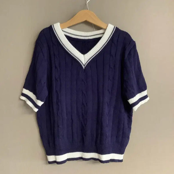 [BUNJANG] Navy V-Neck Cable Knit Short Sleeve Sweater / 네이비 V넥 케이블 니트 스웨터 반팔니트
