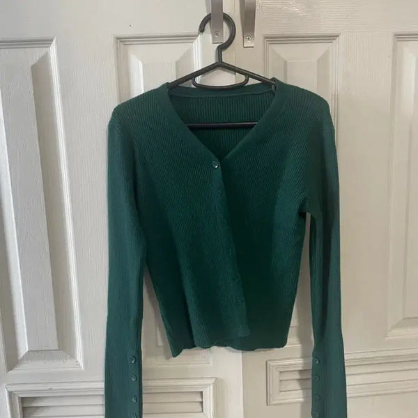 [BUNJANG] Deep Green Ribbed Knit Cardigan / 딥그린 골지 니트 가디건
