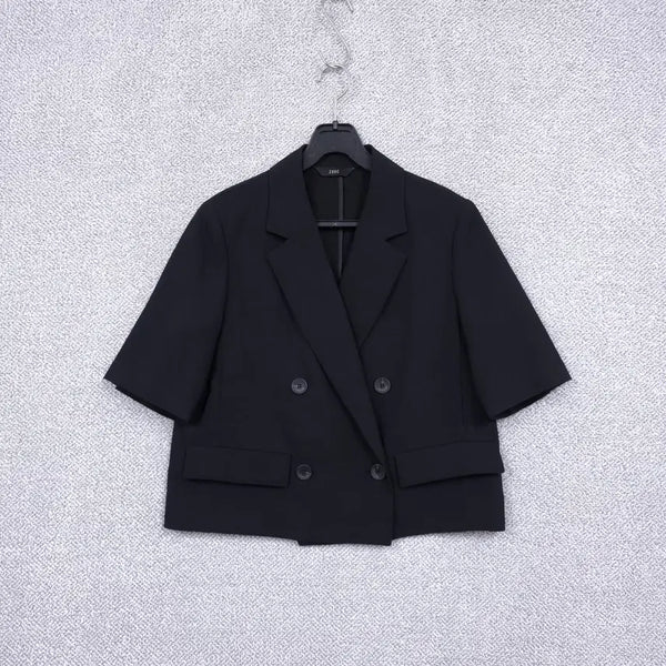 [BUNJANG] ZOOC 22SS Women's Black Padded Short Sleeve Double Breasted Jacket / 주크(ZOOC) 22SS 여성 블랙 숄더패드 더블 반팔 자켓 55