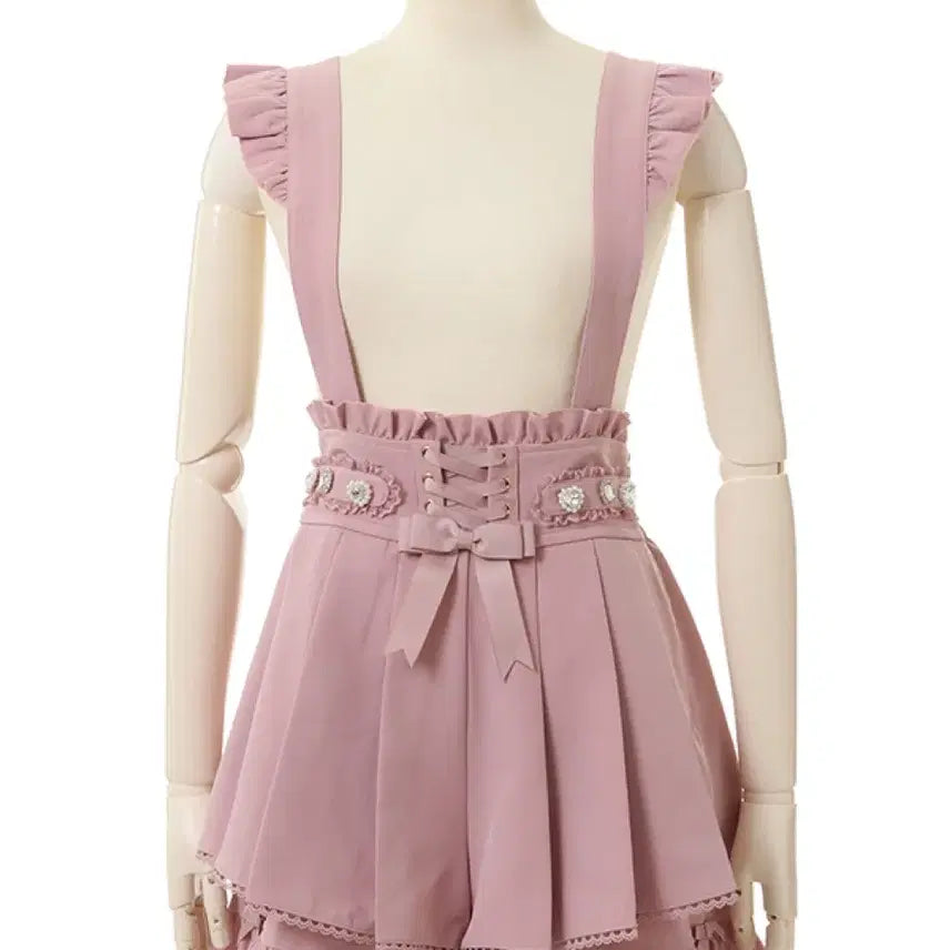 [BUNJANG] Lizlisa Suspender Bijou Belt Short Pants Skirt / 리즈리사 서스펜더 비쥬 벨트 숏 팬츠 스커트 스카판 리본 레이스업 핑크