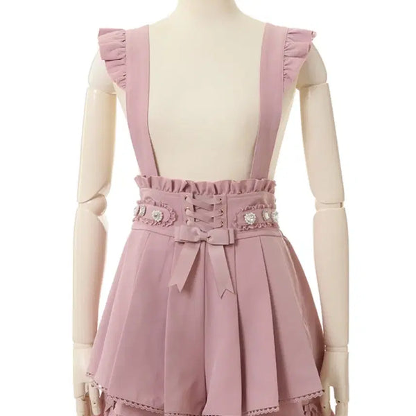 [BUNJANG] Lizlisa Suspender Bijou Belt Short Pants Skirt / 리즈리사 서스펜더 비쥬 벨트 숏 팬츠 스커트 스카판 리본 레이스업 핑크