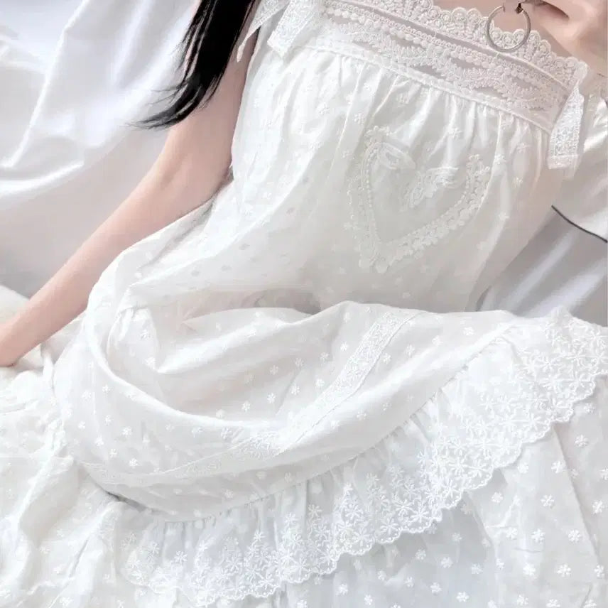 [BUNJANG] White Lace Long Nightgown / 화이트 레이스 롱 원피스 잠옷