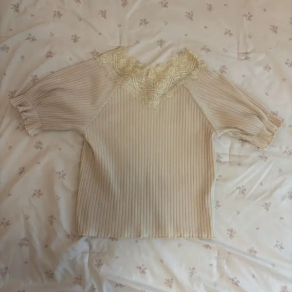 [BUNJANG] Ivory Lace Puff Short Sleeve Knit / 아이보리 레이스 퍼프 반팔 니트