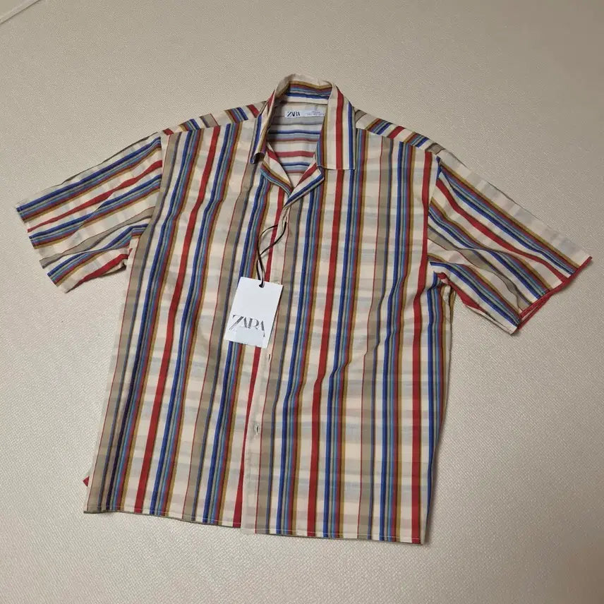 [BUNJANG] Zara Multicolor Stripe Open Collar Shirt - Size S / 자라 멀티컬러 스트라이프 오픈칼라셔츠 S