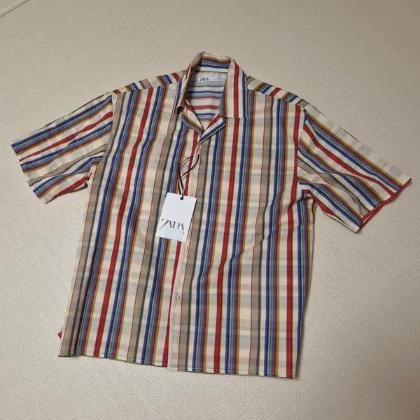 [BUNJANG] Zara Multicolor Stripe Open Collar Shirt - Size S / 자라 멀티컬러 스트라이프 오픈칼라셔츠 S