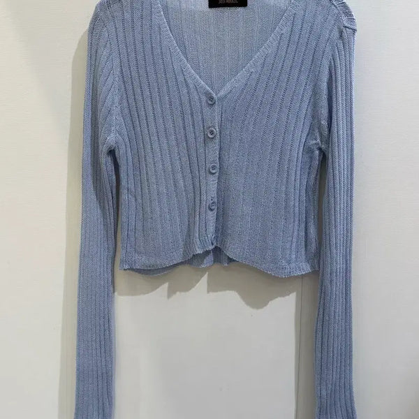 [BUNJANG] Soft Fit Sky Blue V-Neck Cropped Ribbed Cardigan / 새상품/여리핏 하늘색 브이넥 크롭 골지가디건 소라 여름가디건