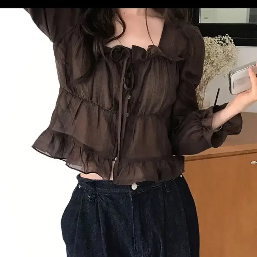 [BUNJANG] Frill Blouse - Brown / 프릴블라우스 -브라운