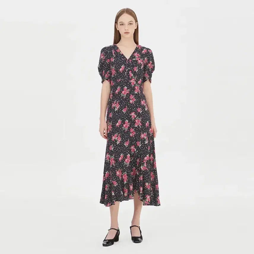[BUNJANG] Sisley 100% Rayon Puff Sleeve Floral Long Dress / 시슬리 23년 인견100% 반팔 퍼프 원피스 롱 플로럴 여행룩