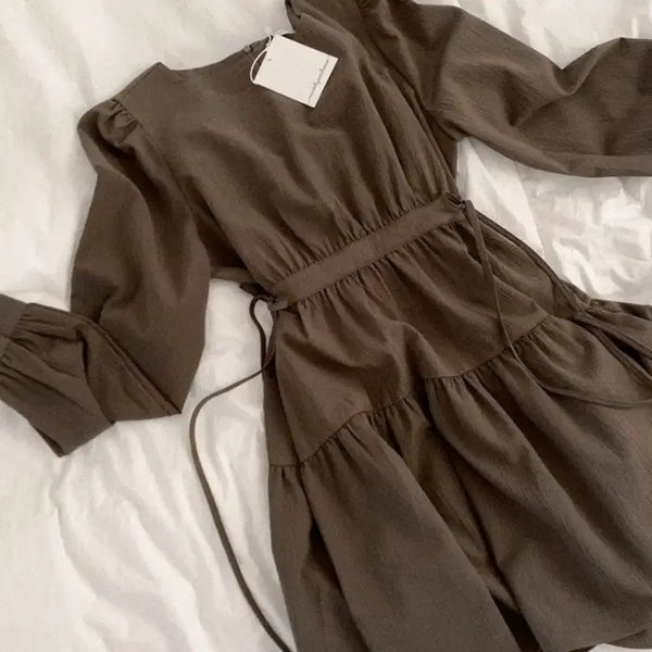 [BUNJANG] Short Sleeve Shirring Tiered Mini Dress Brown / 미착용 새상품 반팔 셔링 캉캉 미니원피스 브라운