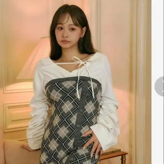 [BUNJANG] Argyle Knit Off-Shoulder Shirt Mini Dress / 아가일 니트 셔츠 원피스 버블즈 오프숄더 양산형 지뢰계
