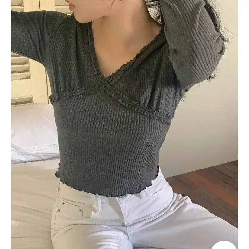 [BUNJANG] Nain Monaco Lace Ribbed Long Sleeve Top / 나이니 모나코 레이스 골지 긴팔