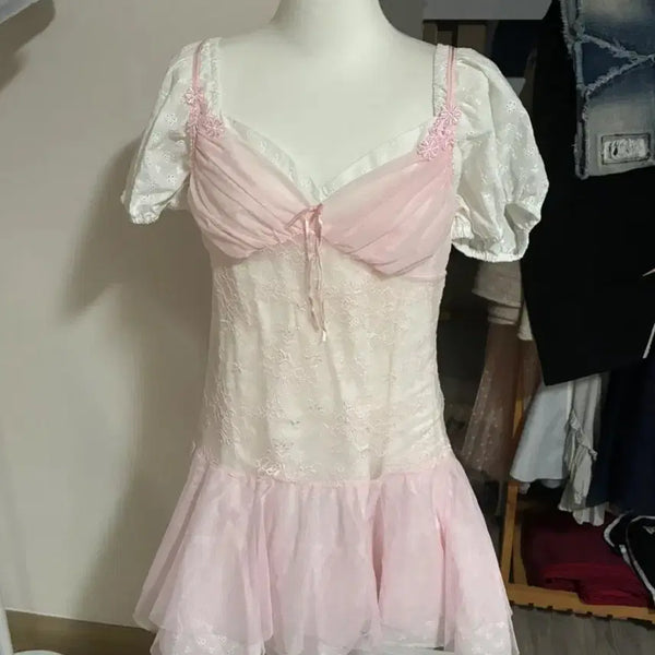 [BUNJANG] White Punching Mini Dress + Pink Lace Slip Set / 펀칭 화이트 원피스 + 핑크 레이스 슬립 세트