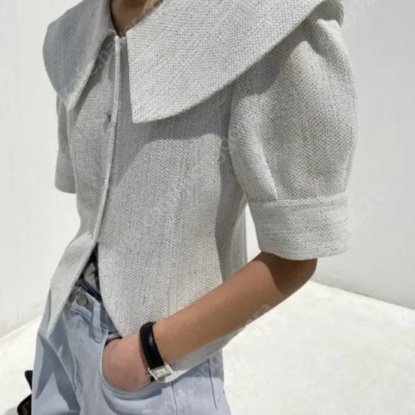 [BUNJANG] Dragon Blues Sailor Collar Tweed Jacket Multi-White / 드래곤블루스 세일러카라 트위드 자켓 멀티화이트 반팔빅카라퍼프소매벌룬하객룩