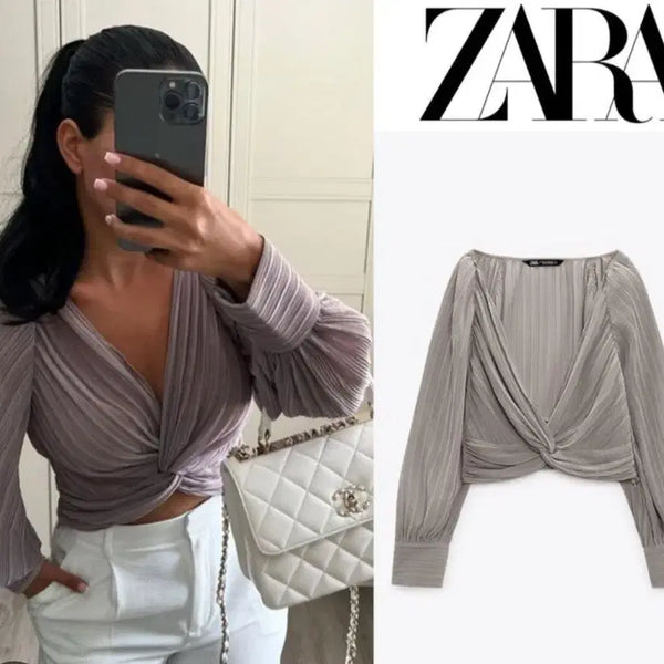 [BUNJANG] Zara Pleated Crop Blouse - Gray (New) / 자라 플리츠 크롭 블라우스 (새상품) xs 그레이