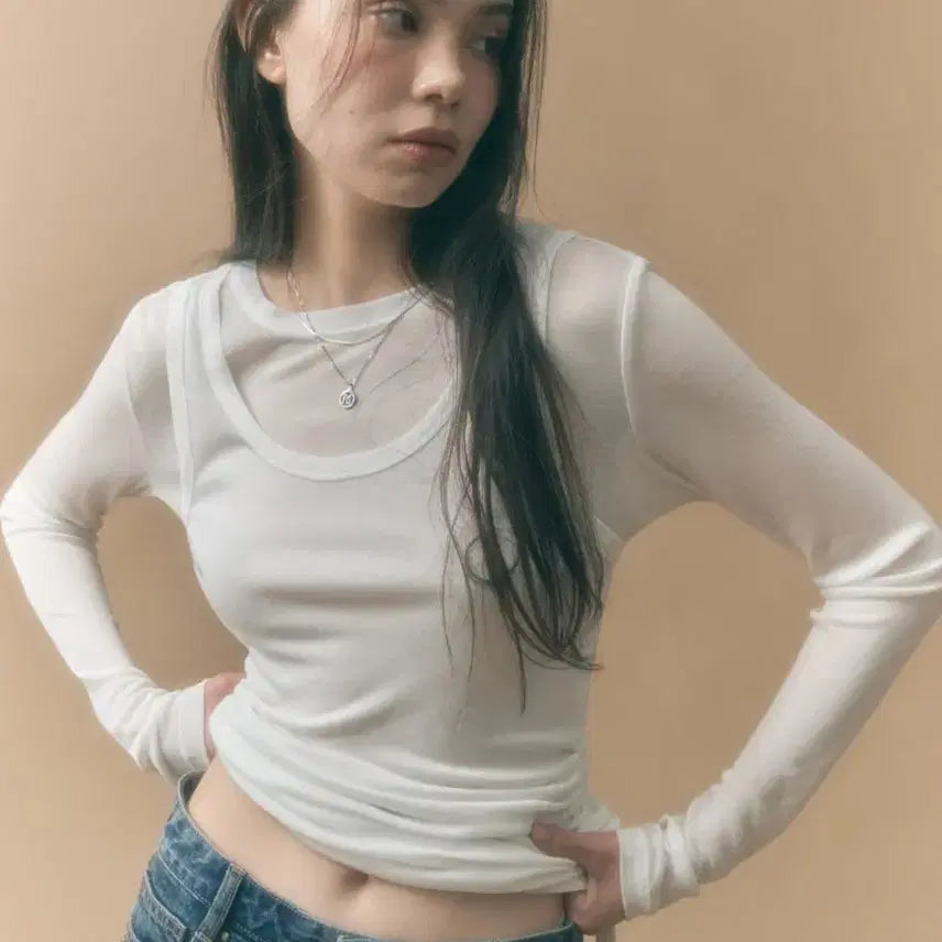 [BUNJANG] Mongdol Side Shirring Sleeveless Layered T-shirt Set / [새상품] 몽돌 사이드 셔링 민소매 레이어드 티셔츠(정가4.8)