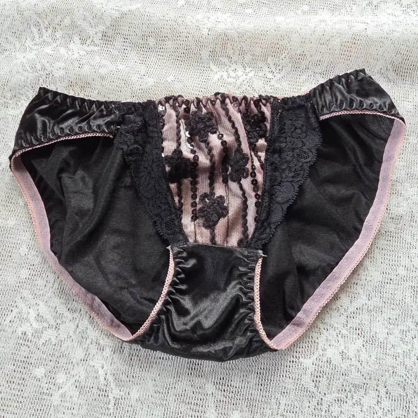 [BUNJANG] Women's Black Satin Panties with Pink Lace / 블랙 새틴 여성 팬티