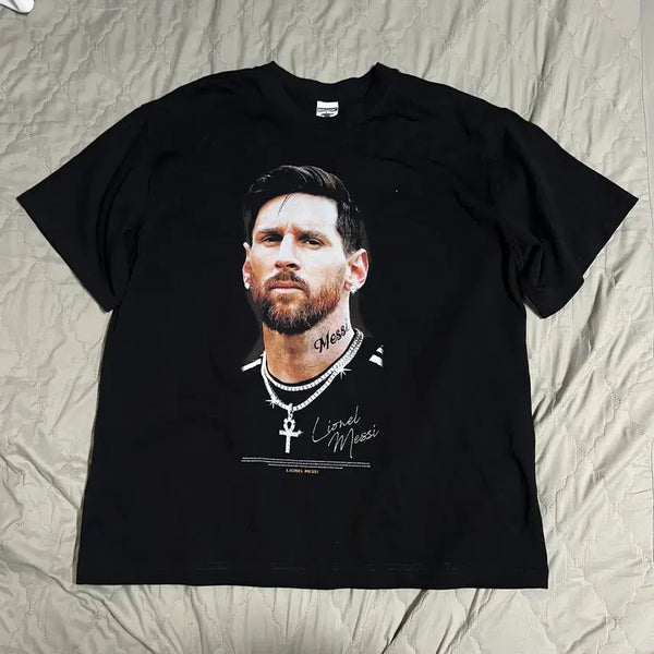 [BUNJANG] Lionel Messi Printing Short Sleeve T-Shirt - Black / 리오넬 메시 프린팅 반팔 L 빈티지 반팔티 블랙 검정 축구 레전드