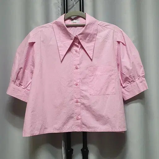 [BUNJANG] Pink Collar Short Sleeve Volume Puff Shirt / 핑크 카라 반팔 볼륨 퍼프 셔츠