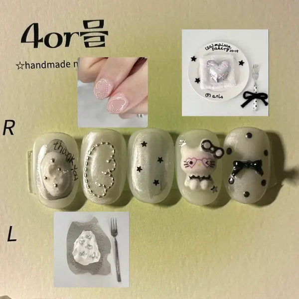 [BUNJANG] Handmade Kitty Dot Ribbon Nuance Nail Tips / 네일 네일아트 키티네일 수제네일 네일팁 도트네일 리본네일 뉘앙스 네일
