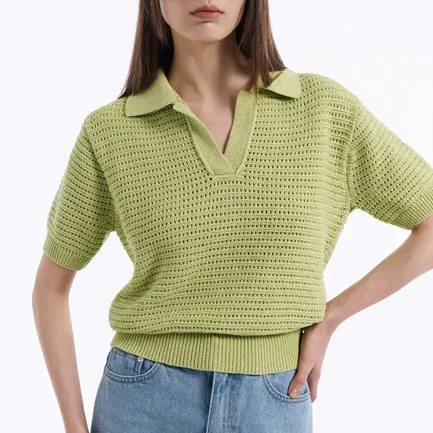 [BUNJANG] Lamerei Half Open Collar Knit Top Short Sleeve Summer / lamerei 라메레이 하프 오픈 카라 니트 탑 반팔 여름