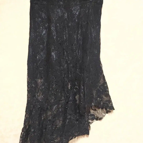 [BUNJANG] Black Lace Asymmetric Midi Skirt / 블랙 레이스 언발 스커트