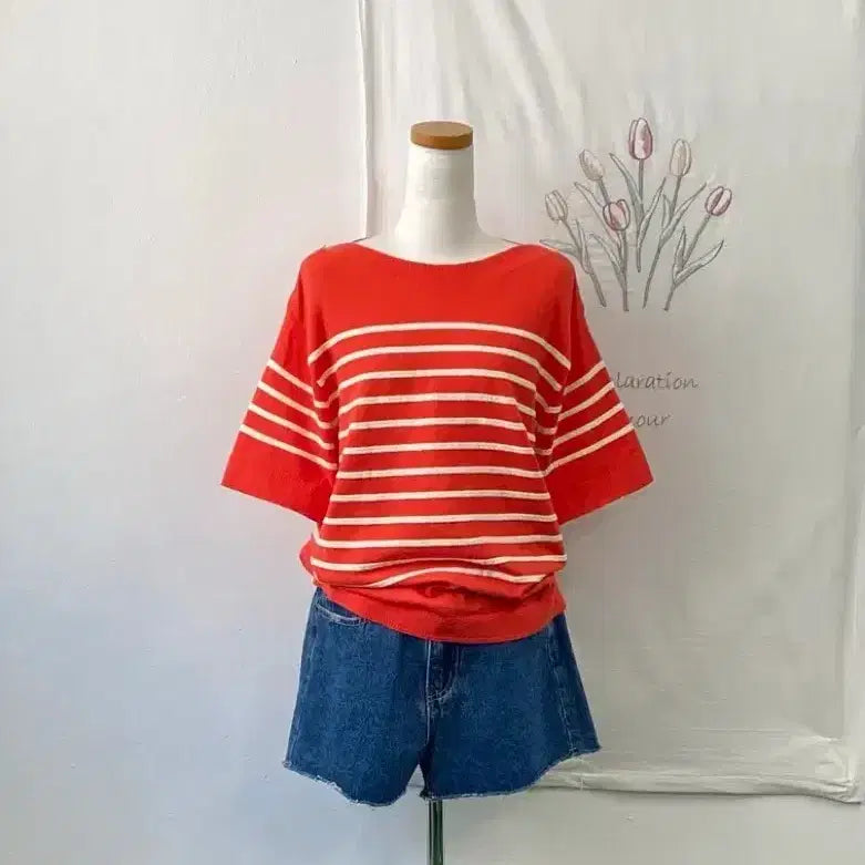 [BUNJANG] Stefanel Orange Stripe Short Sleeve Knit / 스테파넬 오렌지 스트라이프 반팔 니트 260