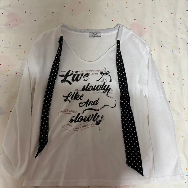 [BUNJANG] Dot Ribbon Long Sleeve T-Shirt (M) / 도트 리본 긴팔 티셔츠 M
