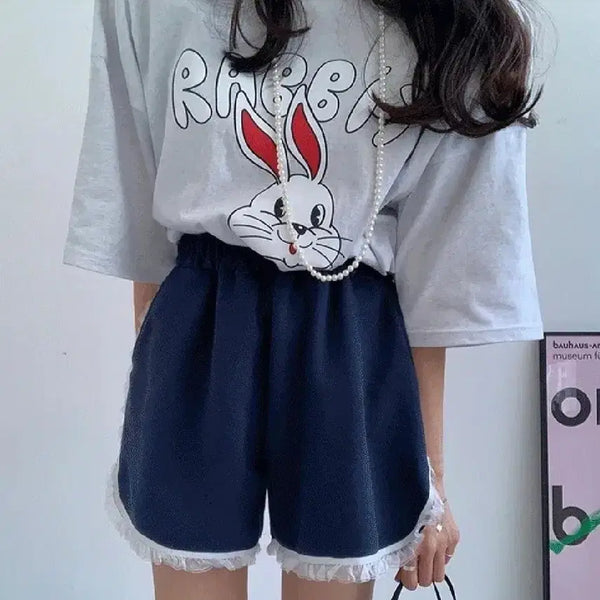 [BUNJANG] Rabbit Print Short Sleeve T-shirt and Navy Lace Shorts Set / 토끼 프린팅 반팔 티셔츠 + 네이비 레이스 반바지