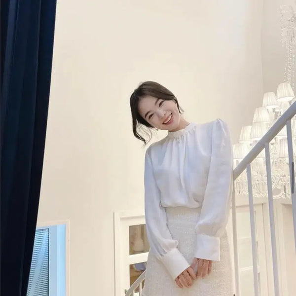 [BUNJANG] Sky Silk Blouse and Tweed Skirt Set / 하늘 실크블라우스 트위드스커트 세트