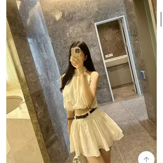 [BUNJANG] Cropped Short Sleeve Shirt and Skirt Set - Ivory / 크롭 반팔 셔츠 스커트 세트 아이보리