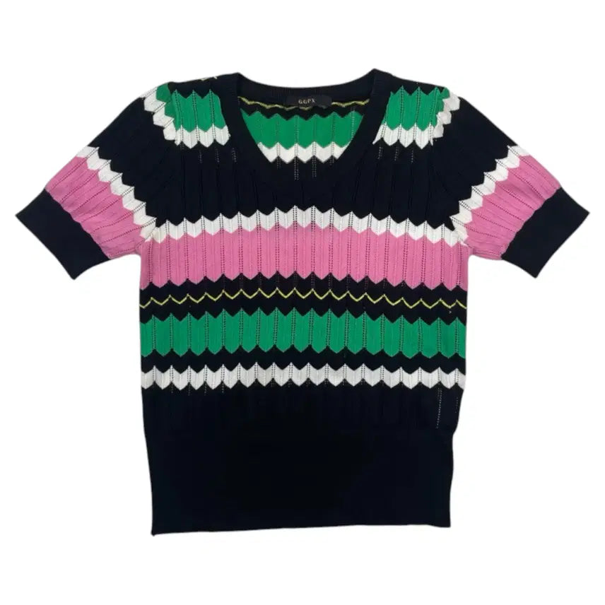 [BUNJANG] GGPX Multicolor Zigzag V-Neck Short Sleeve Knit Top / 지지피엑스 GGPX 멀티컬러 지그재그 브이넥 반팔 니트 F