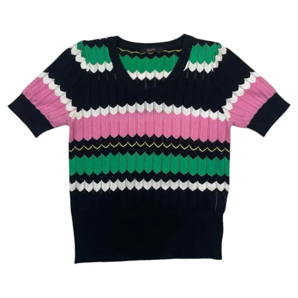 [BUNJANG] GGPX Multicolor Zigzag V-Neck Short Sleeve Knit Top / 지지피엑스 GGPX 멀티컬러 지그재그 브이넥 반팔 니트 F